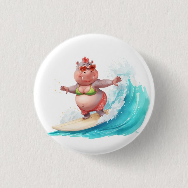 Surfing Hippo Christmas Bikini on big wave Button (Front)