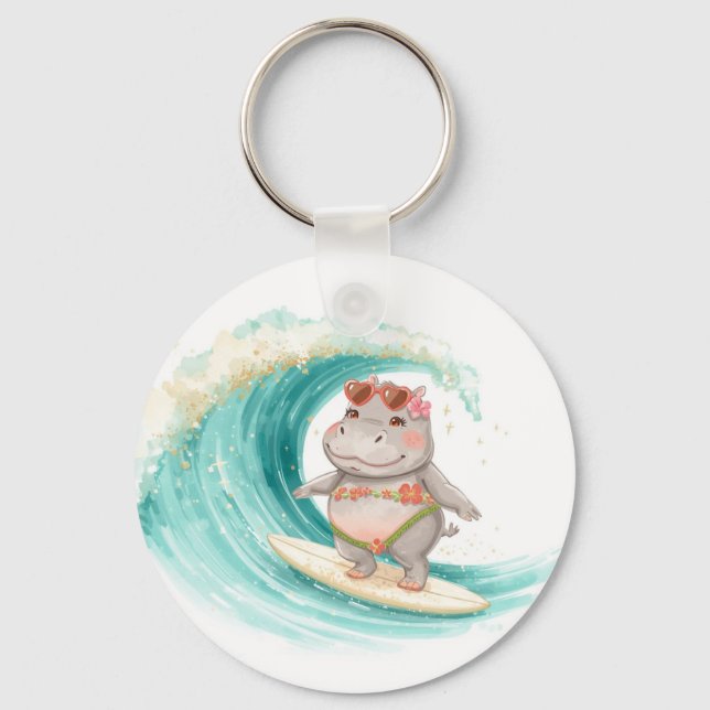 Surfing Hippo Christmas Bikini on big wave Keychain (Front)
