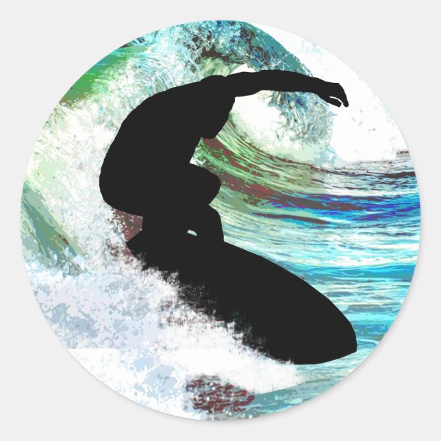 Surfing in Curling Wave Classic Round Sticker (Front)