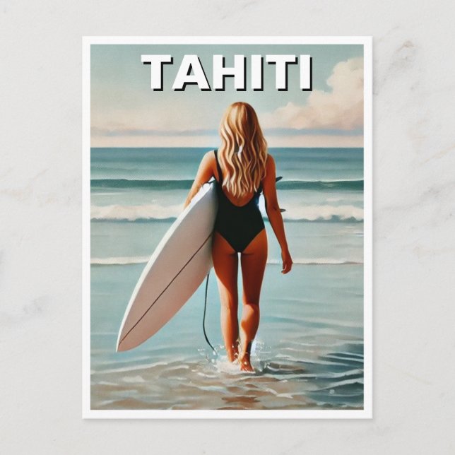 Surfing in Tahiti Surfer Girl Postcard (Front)