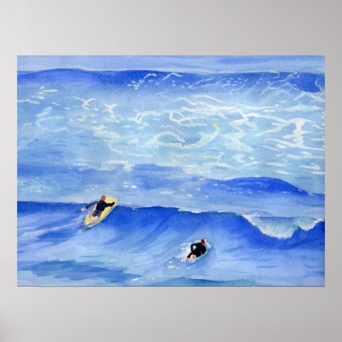 Surfing in the Ocean Watercolor Archival Print