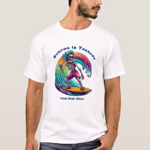 Surfing Is Therapy-Skeleton Surfer Riding A Wave- T-Shirt