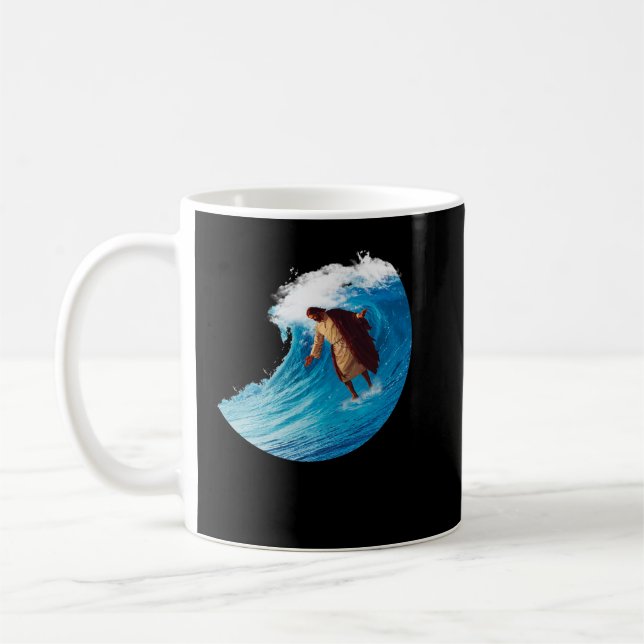 Surfing Jesus Soft Fit T-Shirt Mens Womens Kids 5  Coffee Mug (Left)