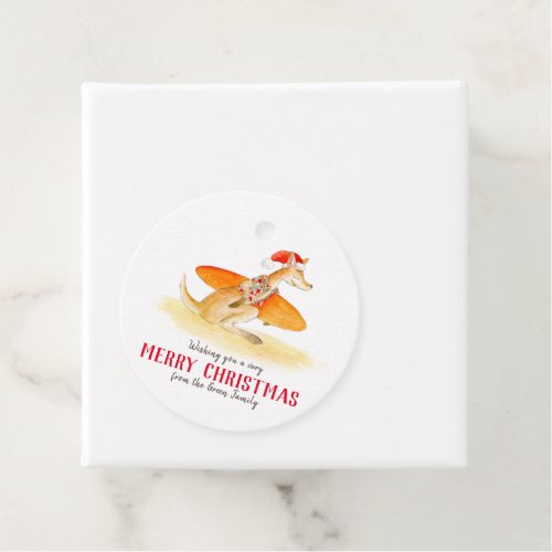 Surfing kangaroo cute watercolor Christmas Favor Tags