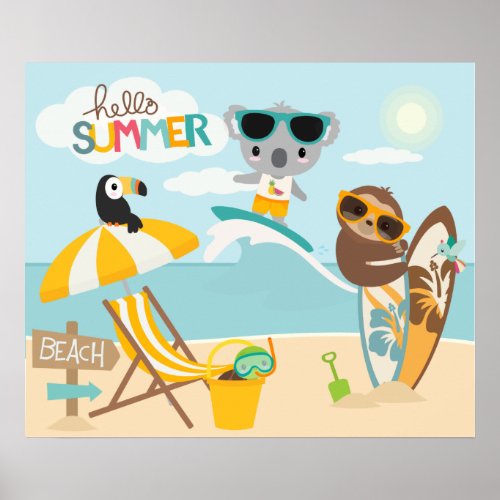 Surfing Koala on the Beach with Sloth Poster
