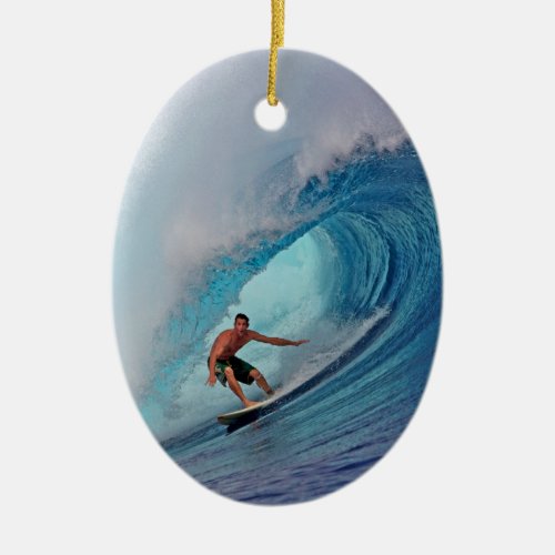Surfing large blue wave Mentawai Islands Ceramic Ornament