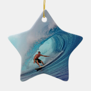 Surfing large blue wave Mentawai Islands Ceramic Ornament