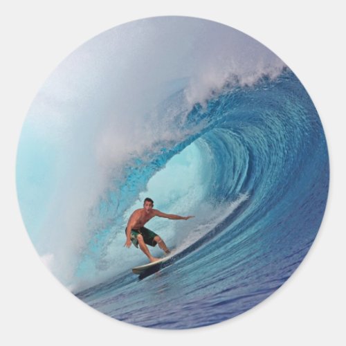 Surfing large blue wave Mentawai Islands Classic Round Sticker