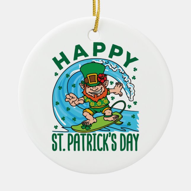 Surfing Leprechaun Hawaiian St Patricks Day Ceramic Ornament (Front)
