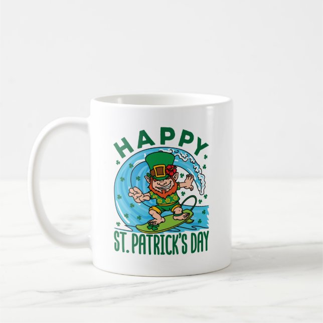 Surfing Leprechaun Hawaiian St Patricks Day Coffee Mug (Left)