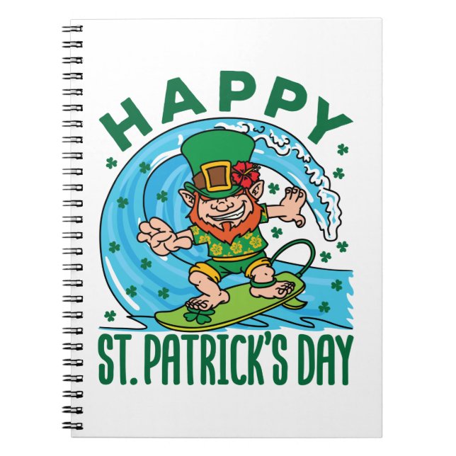 Surfing Leprechaun Hawaiian St Patricks Day Notebook (Front)