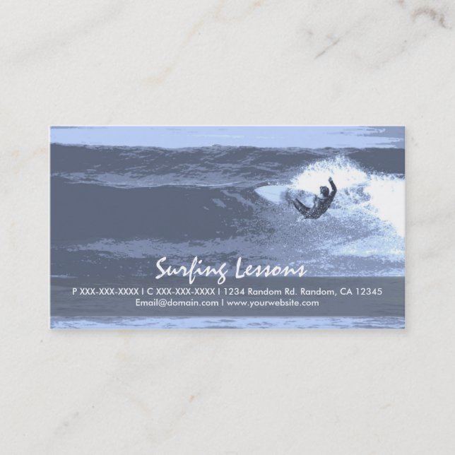 Surfing lessons blue customizable business cards (Front)