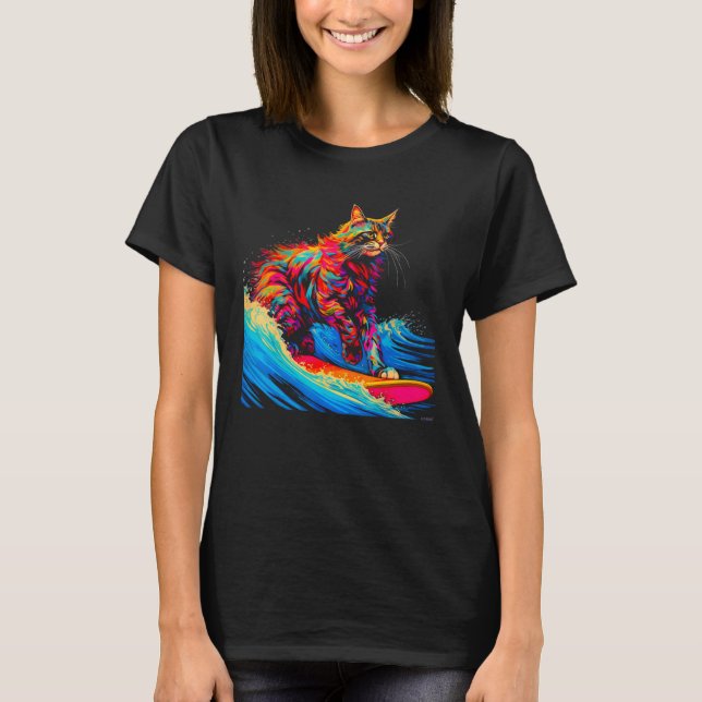 Surfing Maine Coon Cat Surf T-Shirt (Front)