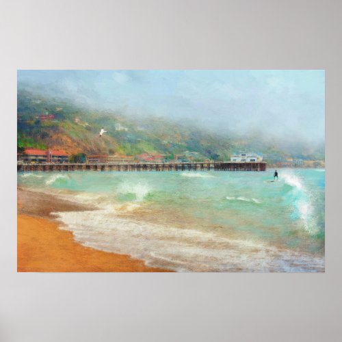 Surfing Malibu California Beach Landscape Art Poster
