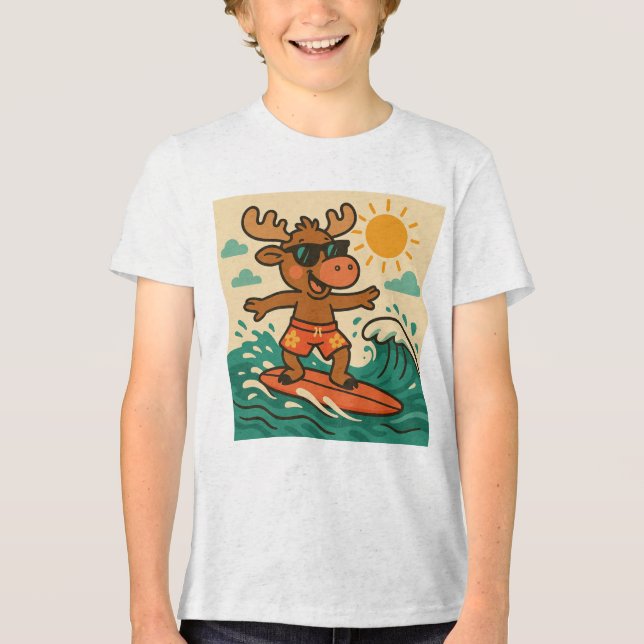 Surfing Moose Summer T-Shirt for Kids Tri-Blend Shirt (Front)