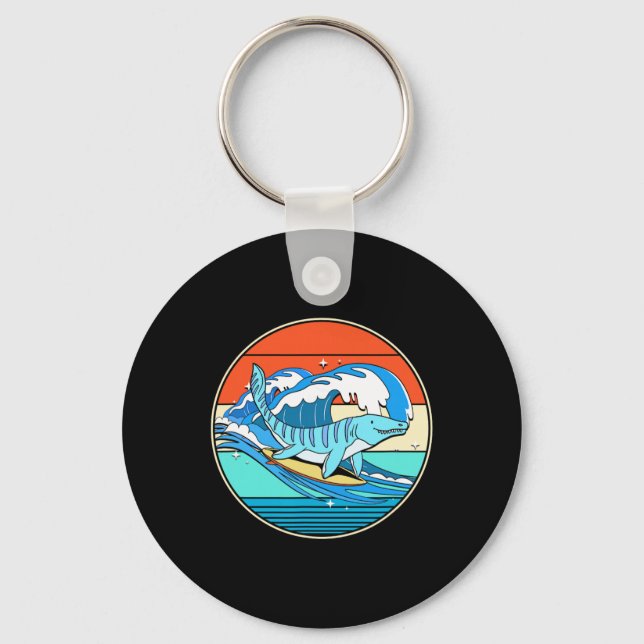 Surfing Mosasaurus Dino Retro Aquatic Dinosaur  Keychain (Front)