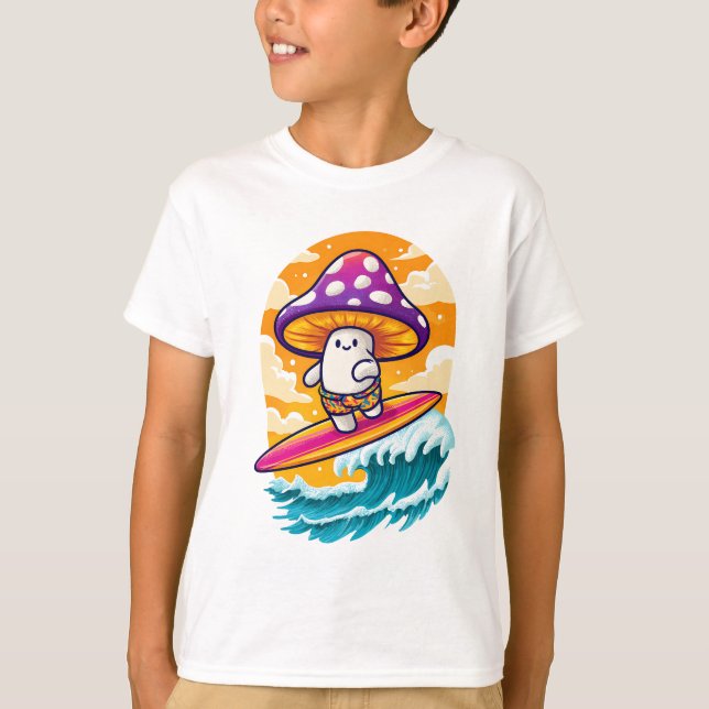 Surfing Mushroom Dude: Psychedelic Fun Summer Vibe T-Shirt (Front)