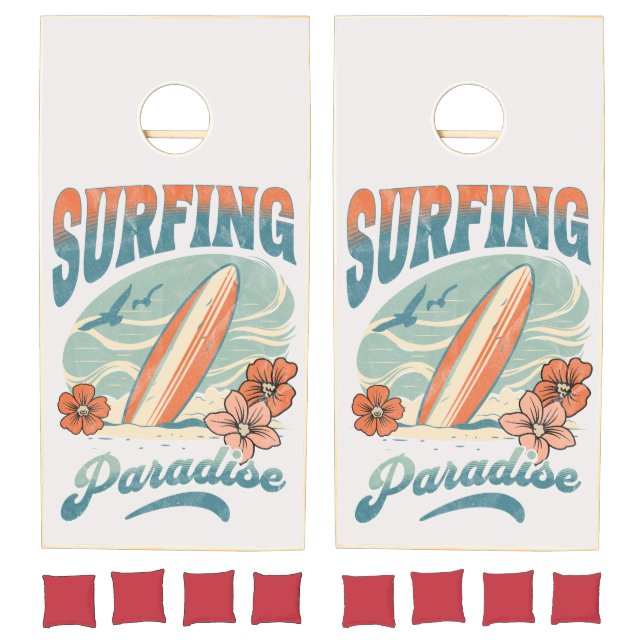 Surfing Paradise retro style design Cornhole Set (Set)