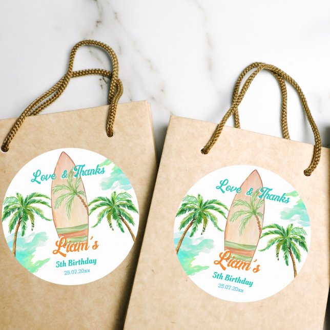 Surfing party thank you favor beach ocean summer  classic round sticker (Creator Uploaded)