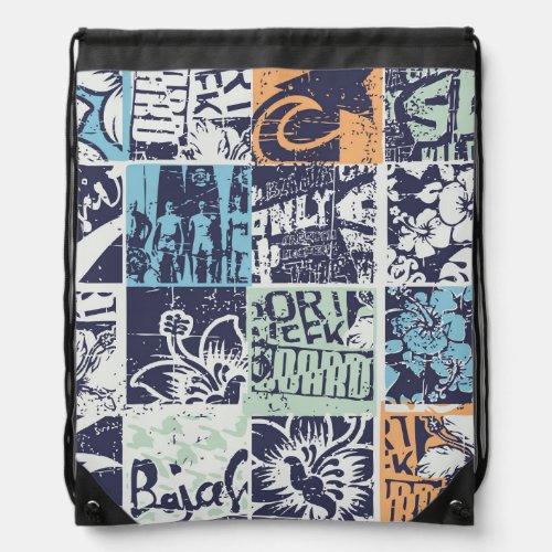 Surfing patchwork grunge vintage pattern drawstring bag