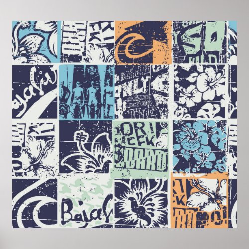 Surfing patchwork grunge vintage pattern poster