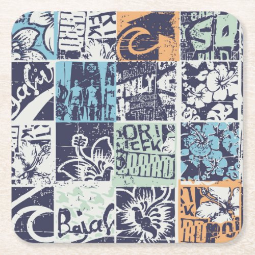 Surfing patchwork grunge vintage pattern square paper coaster
