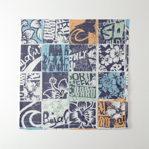 Surfing patchwork grunge vintage pattern tapestry