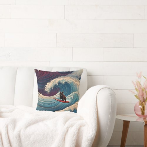 Surfing Paws French Bulldog Riding the Big Wave Throw Pillow