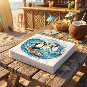 Surfing Penguin and Shark High Five Napkins