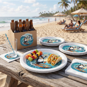 Surfing Penguin and Shark High Five Paper Plates