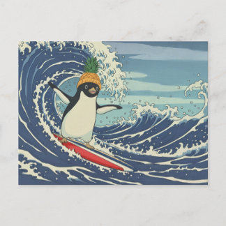 Surfing penguin, Ukiyo-e-style  Holiday Postcard