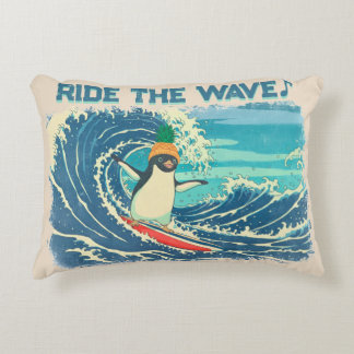 Surfing penguin Ukiyo-e style "Ride the Wave" Accent Pillow