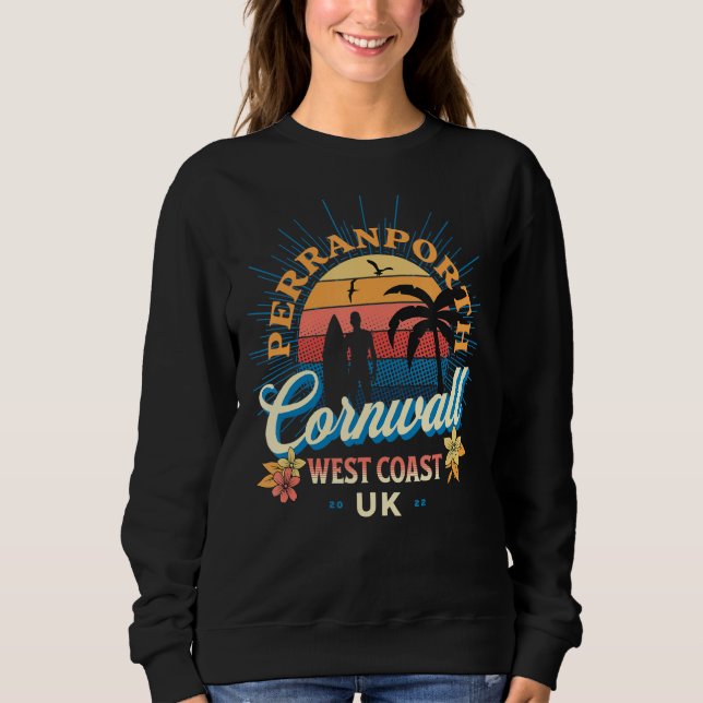 Surfing Perranporth, Cornwall Uk Retro Distressed Sweatshirt (Front)
