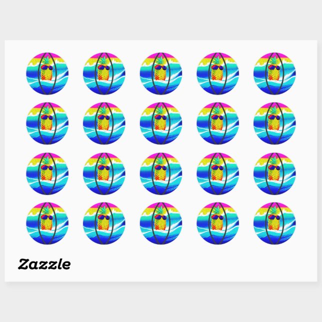 SURFING PINEAPPLE BEACH BALL CLASSIC ROUND STICKER (Sheet)