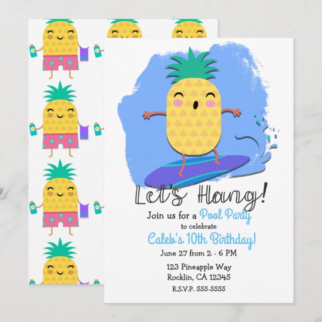 Surfing Pineapple Summer Birthday Pool Swim Party Invitation (Front/Back)