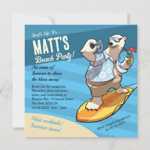 Surfing Polar Bear Add Your Details Beach Party Invitation