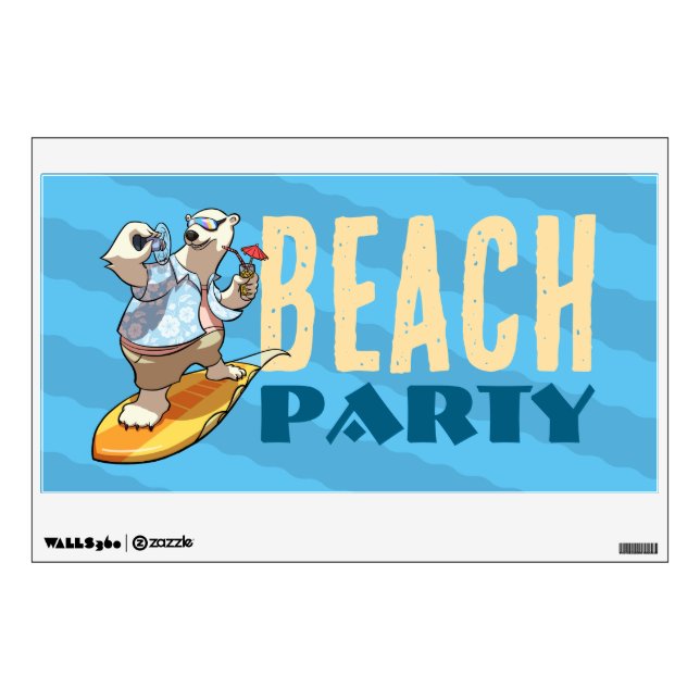 Surfing Polar Bear Beach Party Cartoon Sign  Wall Decal (Front)