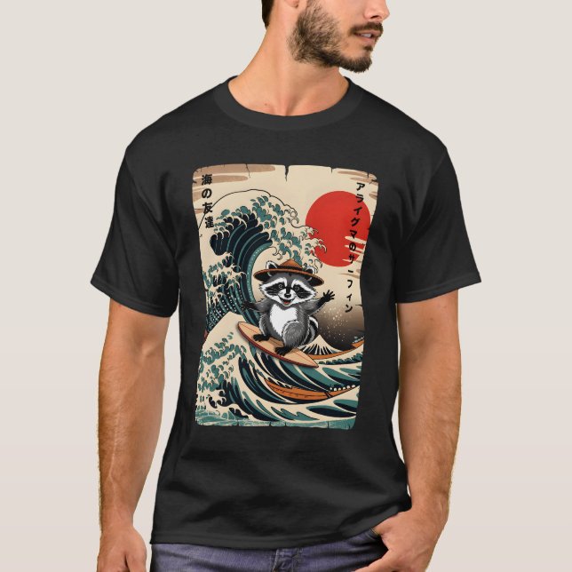 Surfing Raccoon Kawaii Anime Great Wave Surfing Ja T-Shirt (Front)