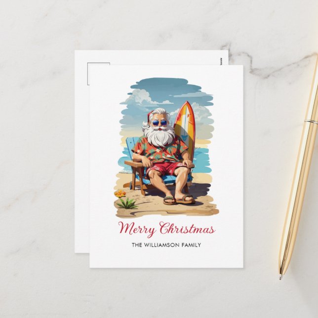 Surfing Santa Beach Christmas Holiday Card (Front/Back In Situ)