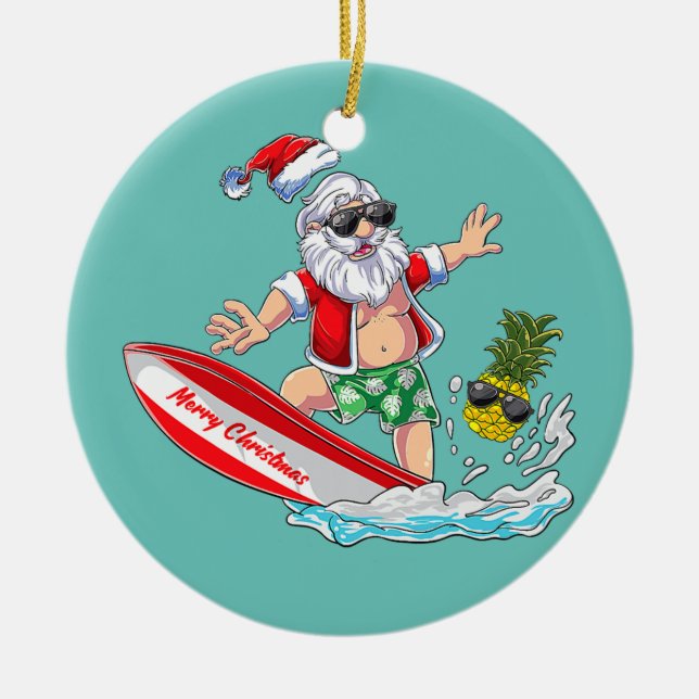 Surfing Santa Beach Holiday Plams Christmas in Ceramic Ornament (Front)