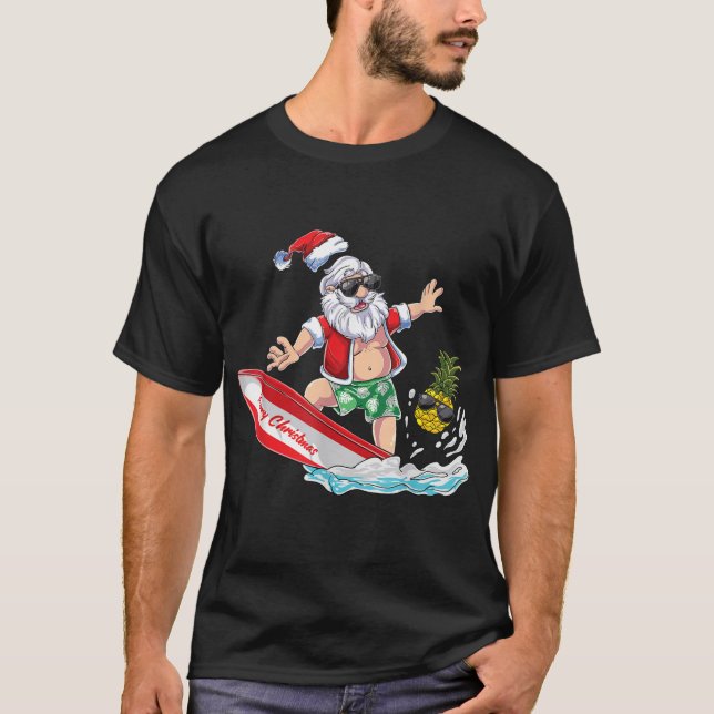 Surfing Santa Beach Holiday Plams Christmas in Jul T-Shirt (Front)
