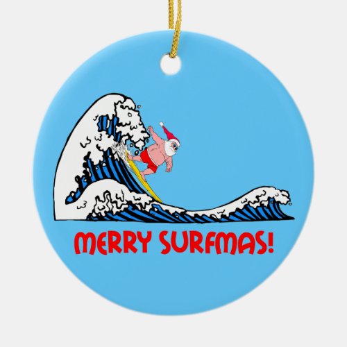 surfing santa ceramic ornament