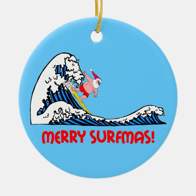 surfing santa ceramic ornament (Front)