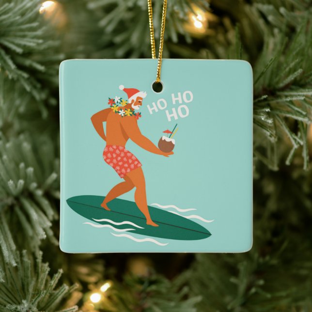 Surfing Santa Ceramic Ornament (Tree)