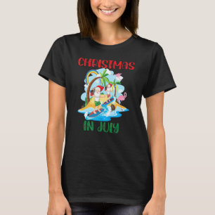 Surfing Santa Christmas In July Hawaiian Flamingo T-Shirt