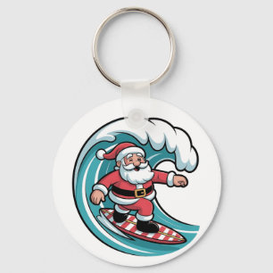 Surfing Santa Christmas Surfer Holiday Beach Keychain