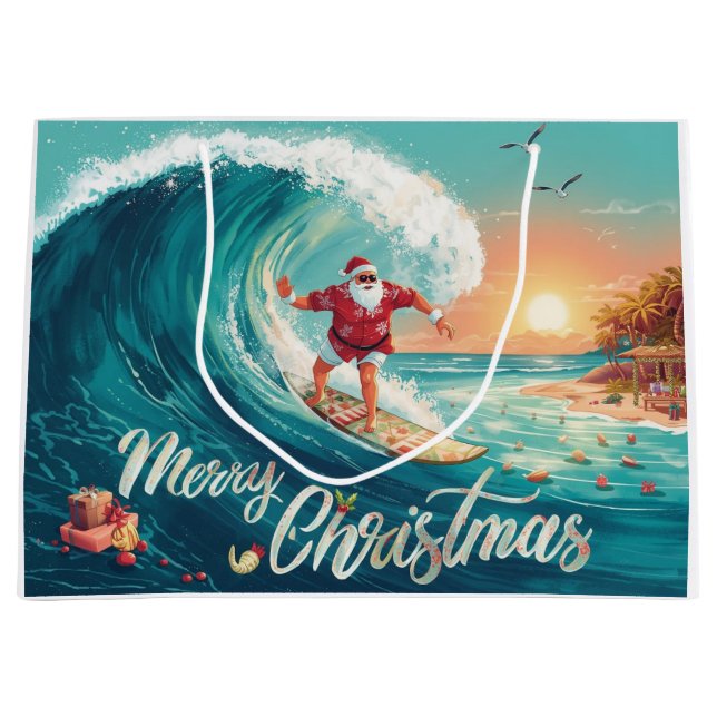 Surfing Santa Claus Christmas Holiday  Large Gift Bag (Front)