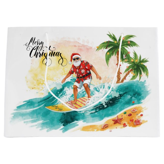 Surfing Santa Claus Christmas Holiday  Large Gift Bag (Front)