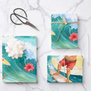 Surfing Santa Claus Christmas in Hawaii Wrapping Paper Sheets