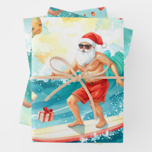 Surfing Santa Claus Wrapping Paper Sheets